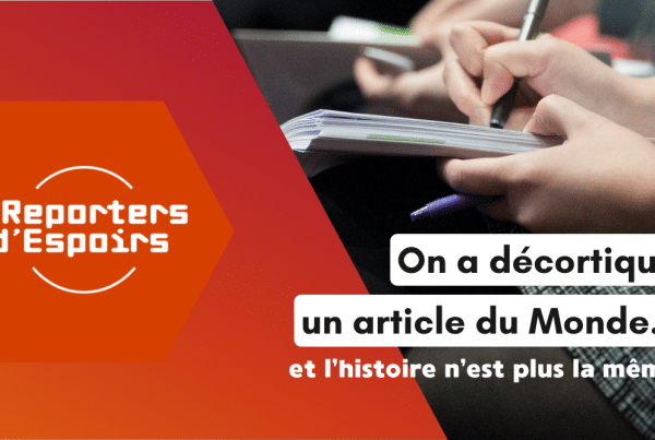 Des mains écrivant sur un carnet — visuel de l'article « On a décortiqué un article du Monde… » publié par Reporters d’Espoirs