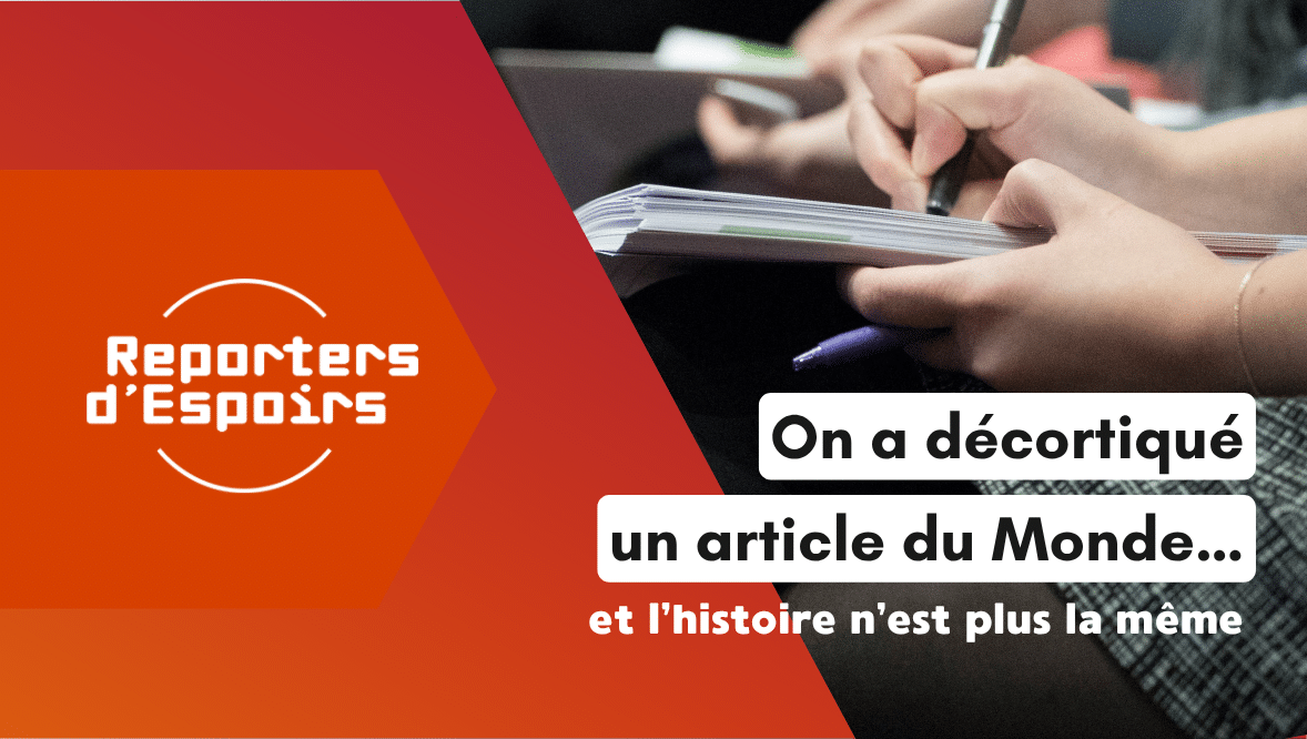 Des mains écrivant sur un carnet — visuel de l'article « On a décortiqué un article du Monde… » publié par Reporters d’Espoirs