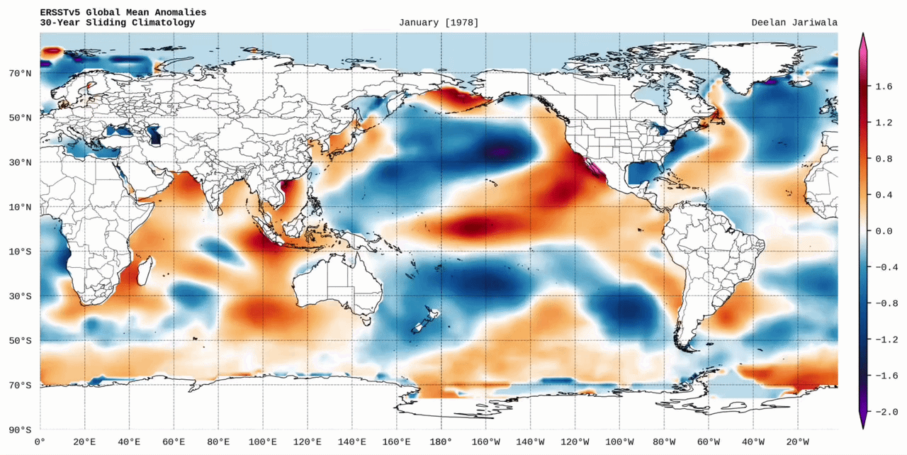 Animation en accéléré (timelapse) sur 12 mois des anomalies de température de surface de la mer à l'échelle mondiale en 1978, présentée sur CycloWeb et issue du jeu de données ERSST (Extended Reconstructed Sea Surface Temperature) du NCEI/NOAA. // Crédit : National Centers for Environmental Information/National Oceanic and Atmospheric Administration (NCEI/NOAA), Deelan Jariwala (CycloWeb), domaine public, via Wikimedia Commons.